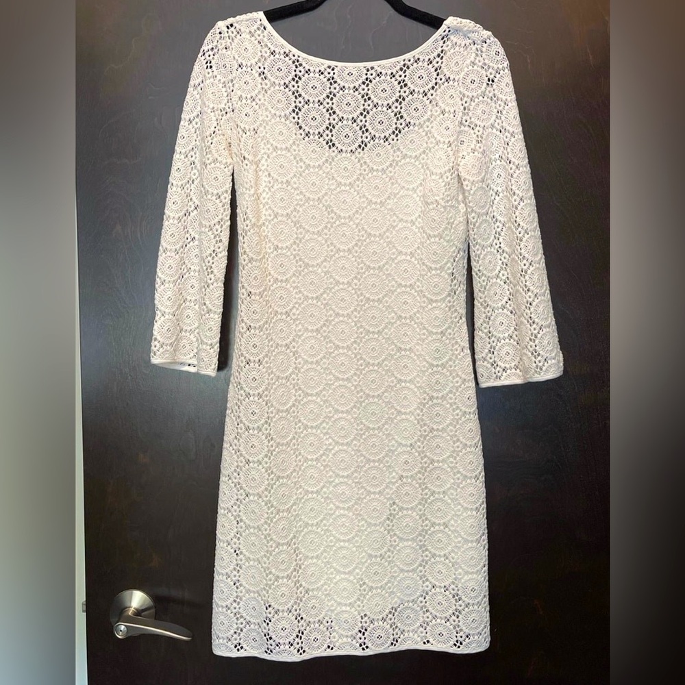 Lilly Pulitzer crochet/lace small white dress 3/4 sleeve Scoop neck summer